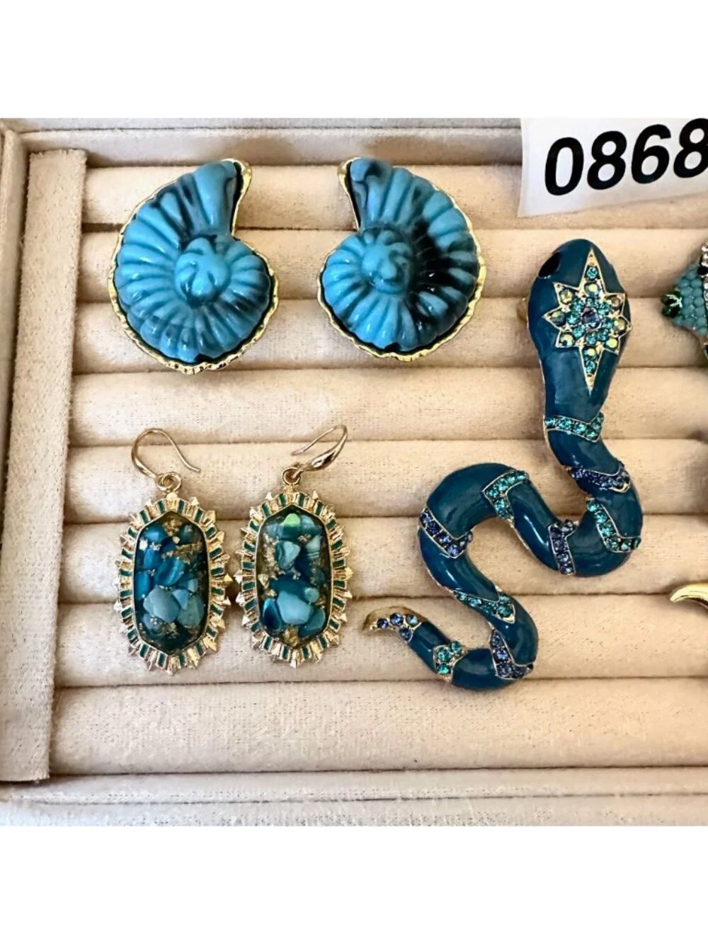 Costume Jewelry Lot Snake Pendant Brooch Pin Pierced Earrings Fish Shells Beach